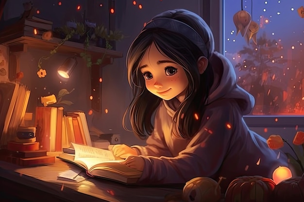 Cartoon girl reading a book while listening to music in her room at night