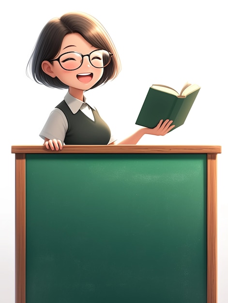 cartoon girl reading a book while standing behind a blackboard generative ai