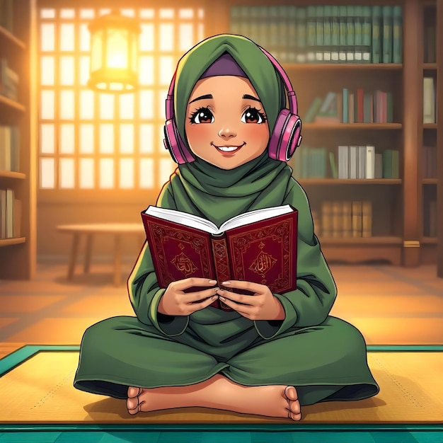 Photo a cartoon of a girl reading a book with the words quot a quot on the bottom quot