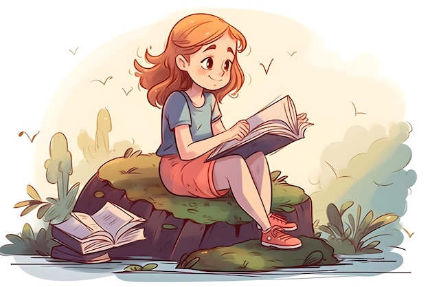 A cartoon girl reads a book on a rock.