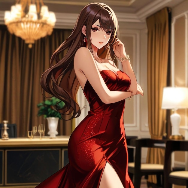 a cartoon girl in a red dress is holding a phone anime illustrations posters tshirts stickers