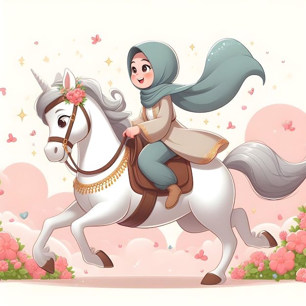 a cartoon of a girl riding a horse with flowers on the background