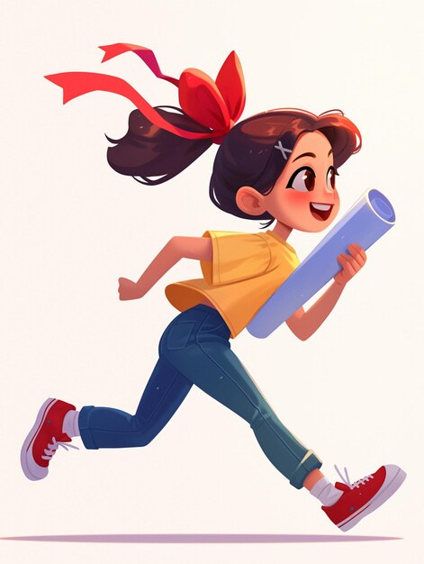 Photo cartoon girl running with a blue tube in her hand generative ai