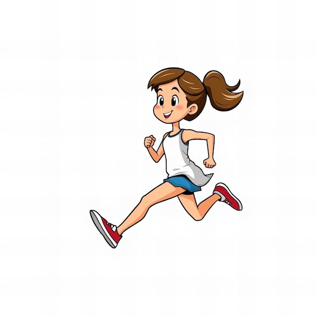 Photo cartoon girl running with a white shirt and blue shorts