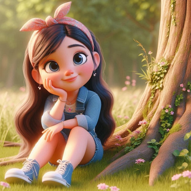 a cartoon girl sits in a park with a tree in the background