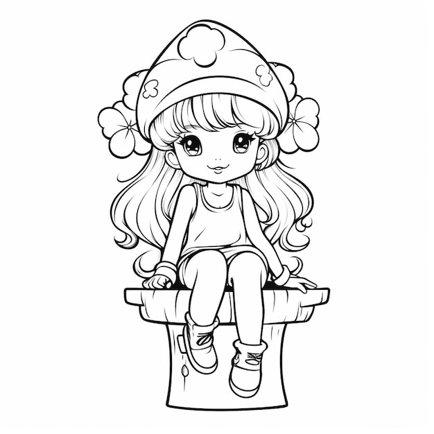 A cartoon girl sitting on a bench with a hat on generative ai