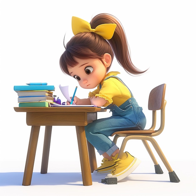 cartoon girl sitting at a desk with a pencil and a book generative ai