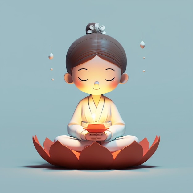 Cartoon girl sitting on lotus flower with light in her hands generative ai