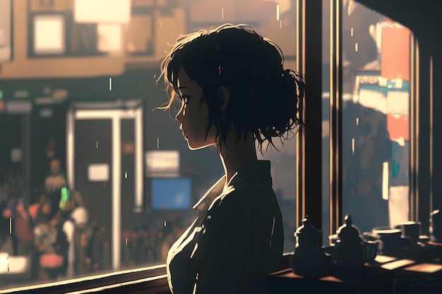 Cartoon girl sitting near the window on rainy day Sad anime girl portrait AI generation