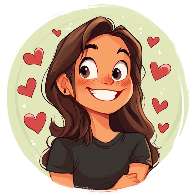 Photo cartoon girl smiling surrounded by love and hearts