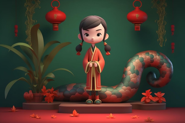 A cartoon of a girl standing in front of a green wall with chinese lanterns.