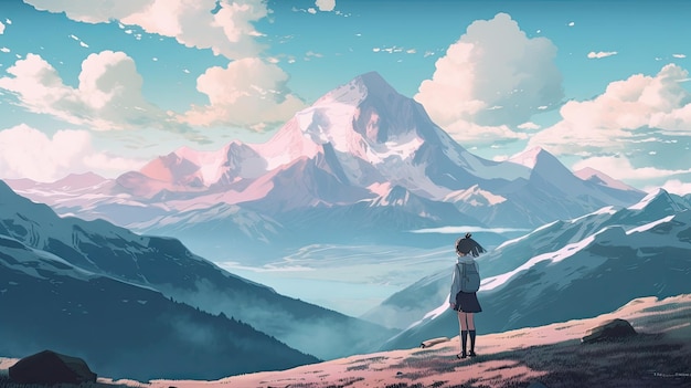 Cartoon Girl Standing in Swiss Alps with Digital Anime Style Illustration