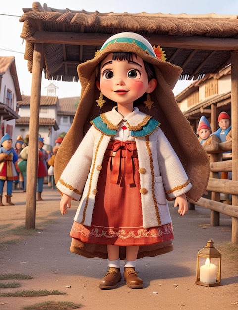 Cartoon girl stands in front of wooden building celebrating Las Posadas