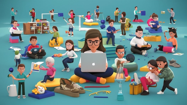 a cartoon of a girl using a laptop with a lot of toys around her