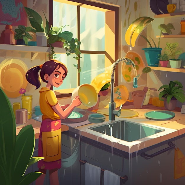 A cartoon of a girl washing dishes in a kitchen.