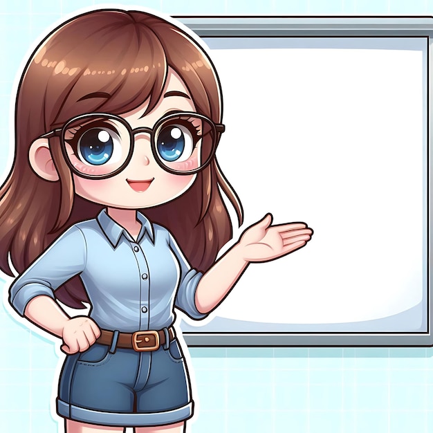 a cartoon of a girl wearing glasses and a shirt that says quot she is pointing at a