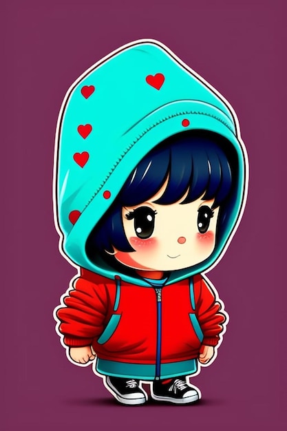 A cartoon of a girl wearing a hoodie with hearts on it.