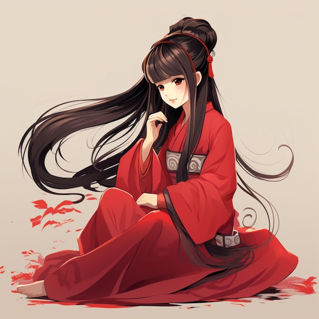 cartoon of a girl wearing traditional chinese clothing sitting facing sideways with long flowing hai