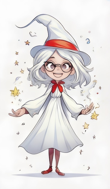 a cartoon of a girl wearing a white dress and glasses with a red bow on her hat