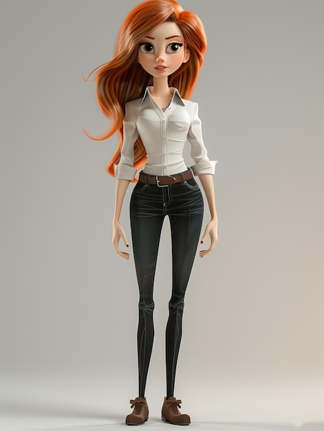 Photo cartoon girl in a white shirt and jeans