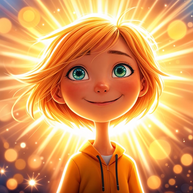 Photo cartoon girl with blonde hair and blue eyes standing against a bright background filled with bokeh lights she is wearing a yellow hoodie and has a radiant smile on her face