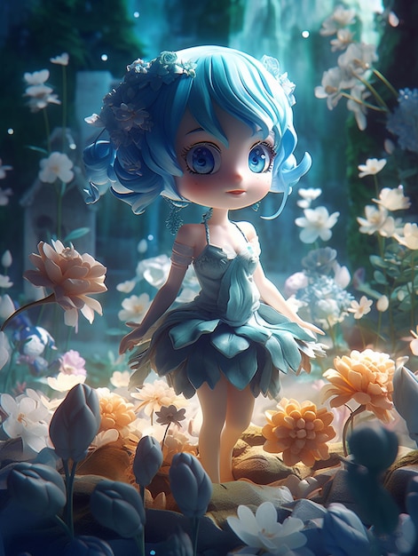 A cartoon girl with blue hair and a flower in the middle.