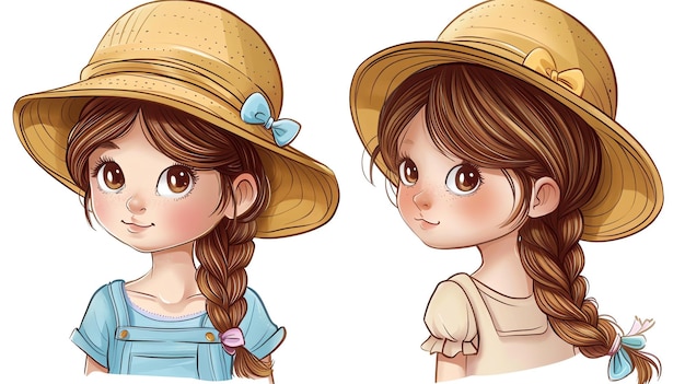 Photo a cartoon girl with brown hair in a braid wearing a sunhat