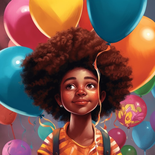 A cartoon of a girl with a bunch of balloons in the background