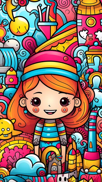 a cartoon of a girl with a colorful hat on her head