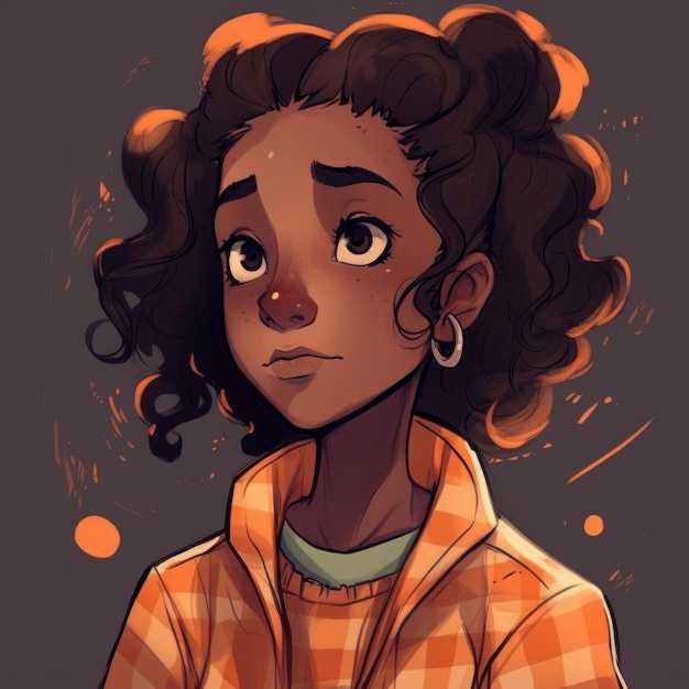 A cartoon of a girl with curly hair and a yellow plaid shirt.