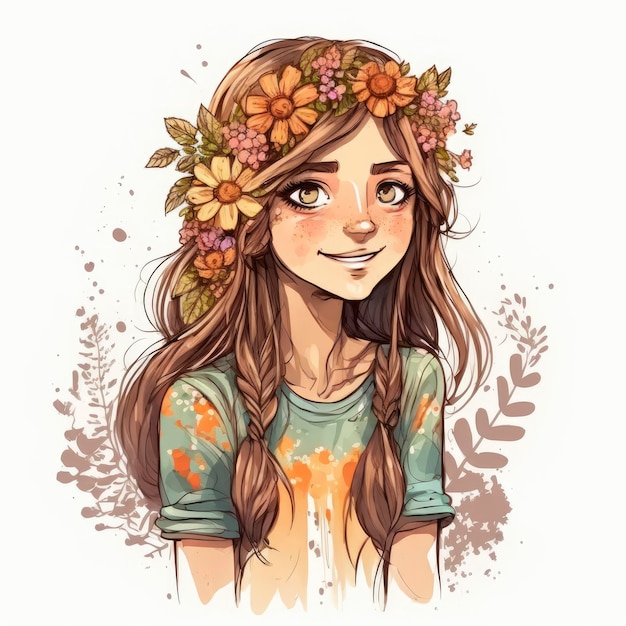 A cartoon of a girl with a flower crown on her head.