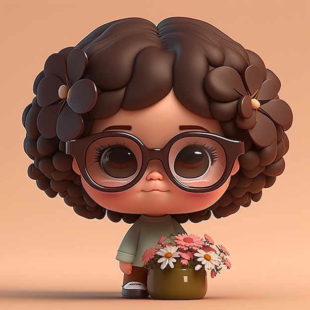 A cartoon girl with flowers in her hair is holding a flower pot.