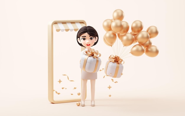 Cartoon girl with gift box 3d rendering