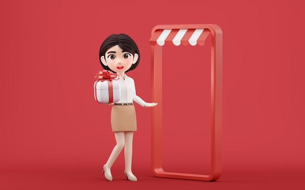 Cartoon girl with gift box 3d rendering