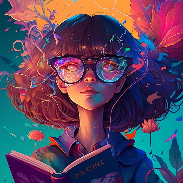 A cartoon of a girl with glasses reading a book.