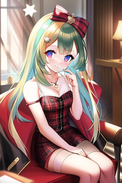 A cartoon girl with green hair and blue eyes sits in a chair.