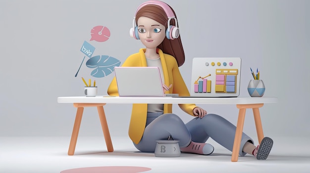 a cartoon of a girl with headphones on her head sitting at a desk with a laptop and a drawing of a flower