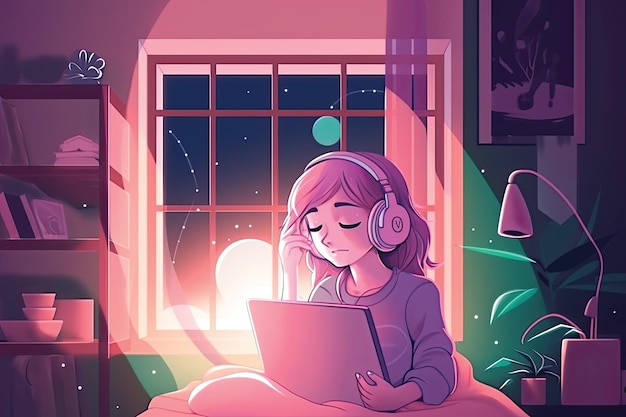 A cartoon of a girl with headphones on reading a book