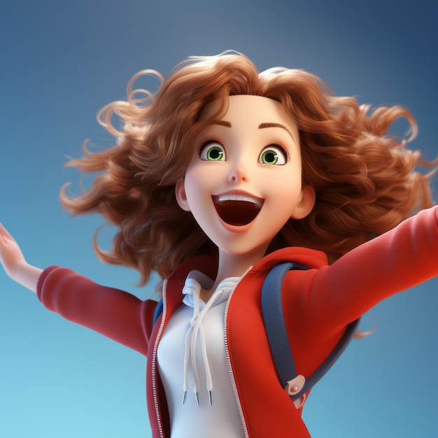 a cartoon girl with her arms outstretched and a smile on her face