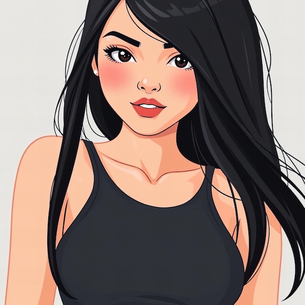 Photo cartoon girl with long black hair and black bra top