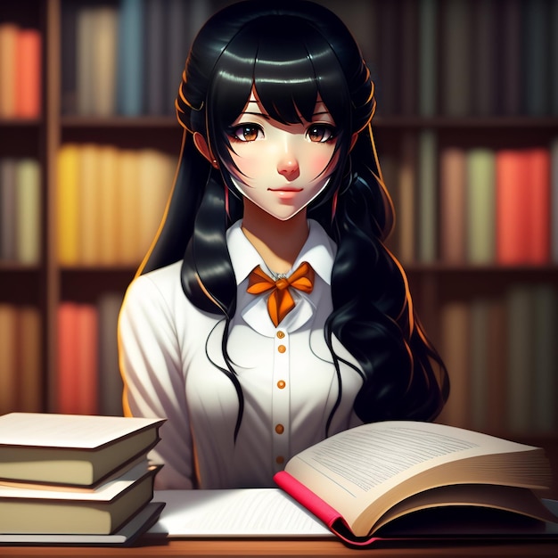 A cartoon of a girl with long black hair and a book in front of her.