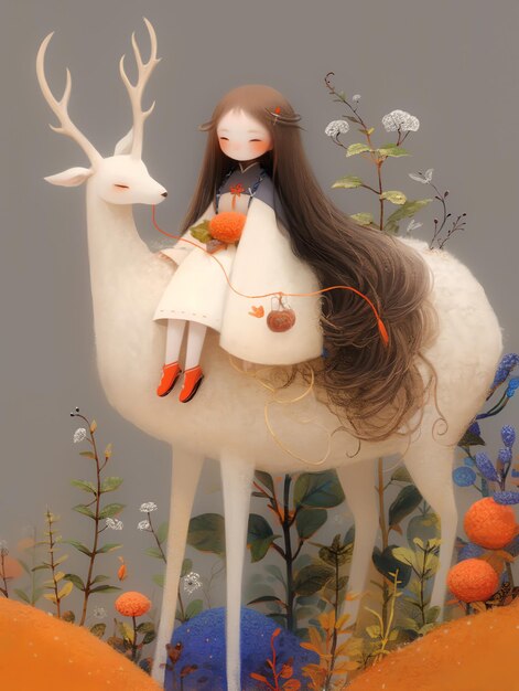 Photo a cartoon of a girl with long hair and a deer on her lap