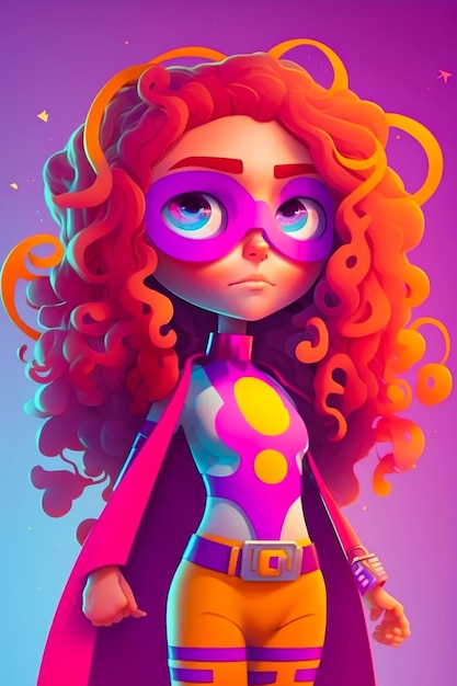 A cartoon girl with red hair and a purple mask with the word super hero on it