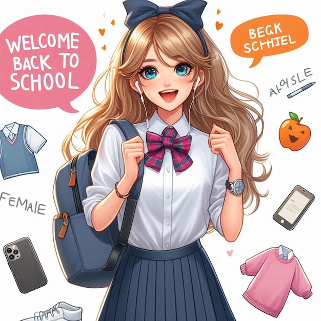 Photo a cartoon of a girl with a school uniform that says welcome to school