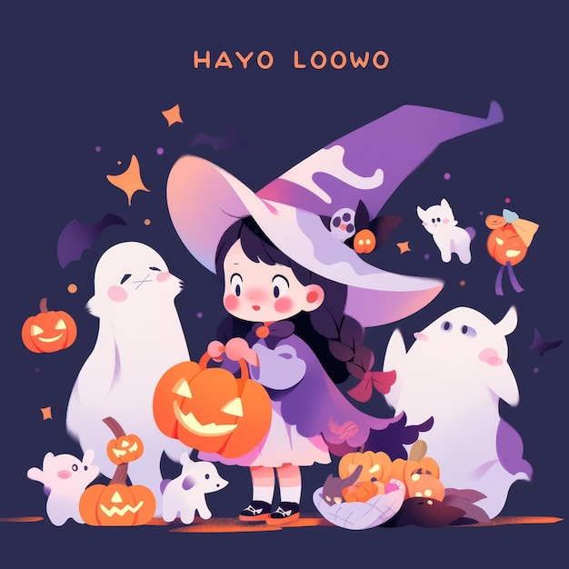 Photo a cartoon girl with a witch hat and a pumpkin with a witch on it