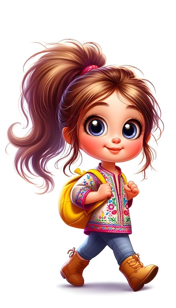 Photo a cartoon girl with a yellow backpack and a pink bag