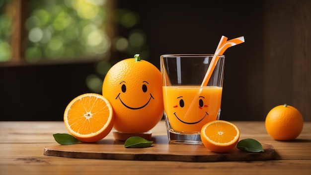 A cartoon glass of orange juice with a smiley face wearing black eyeglasses and an orange slice ne