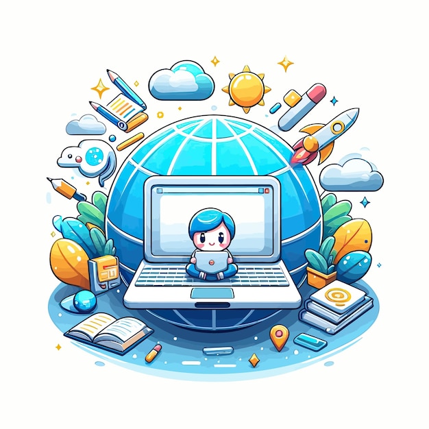 Photo a cartoon of a globe with a globe and a laptop with the word world on it