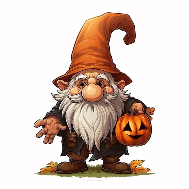 cartoon gnome holding a pumpkin on white background