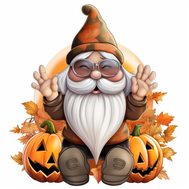 Cartoon gnome sitting on a pile of pumpkins with a hat and glasses generative ai